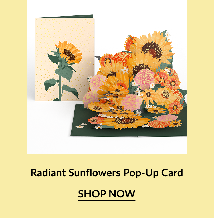 Pop-up sunflowers card; text reads “Radiant Sunflowers Pop-Up Card.”