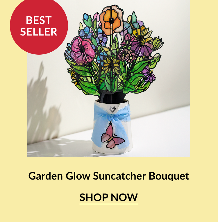 Suncatcher bouquet in a vase with butterfly ribbon; labeled “BEST SELLER.”