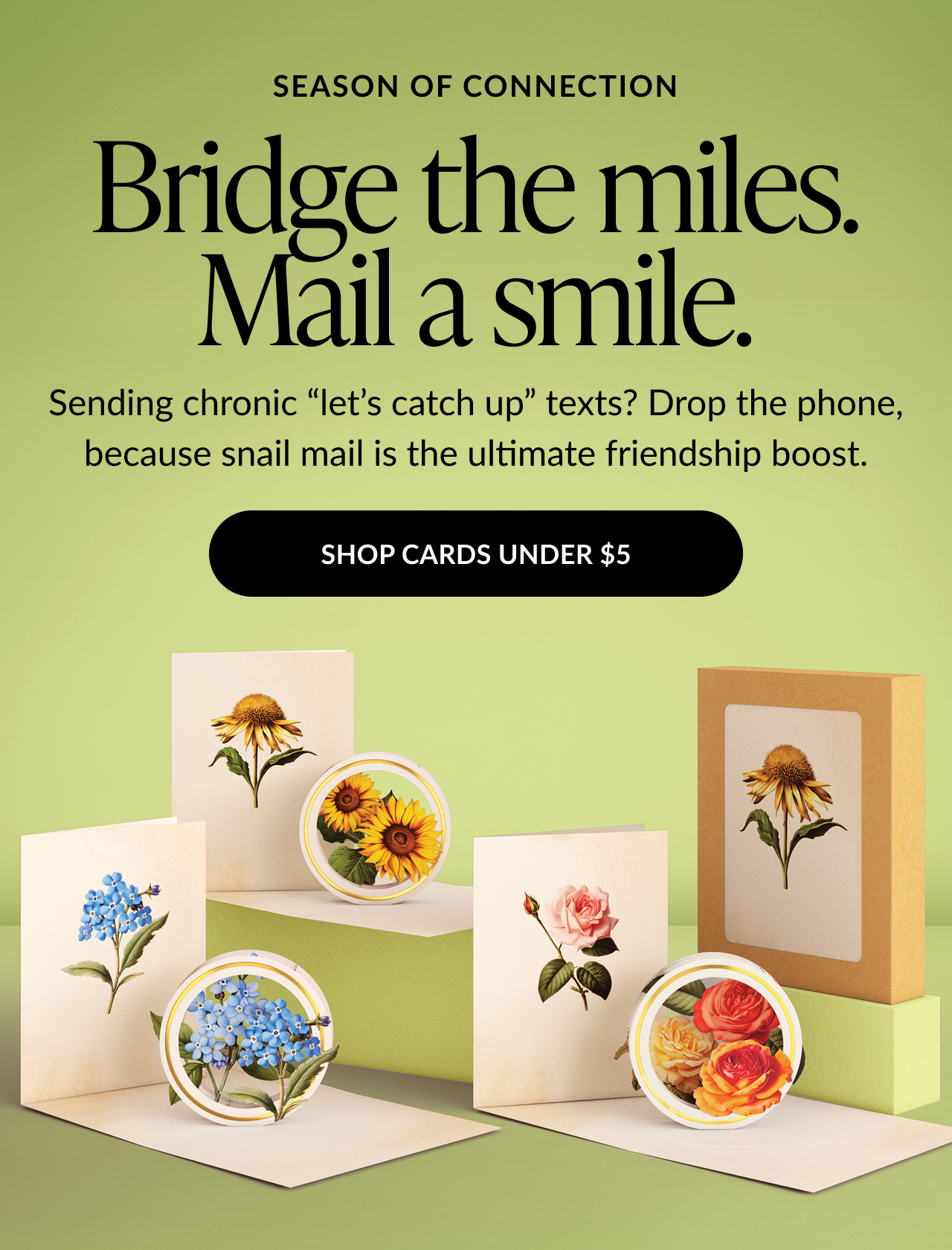 Promotional banner with floral-themed pop-up cards and boxed sets arranged on green platforms. Text encourages sending cards to reconnect with friends. Black CTA button reads ''SHOP CARDS UNDER $5.''