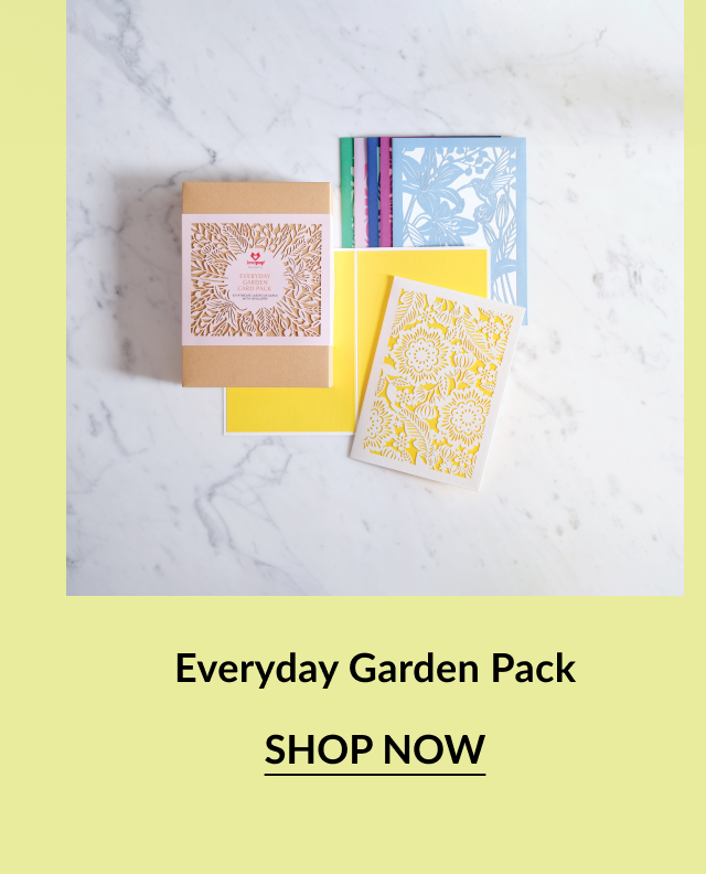 Top-down view of the Everyday Garden Pack, including a kraft paper box and an assortment of cards and envelopes in bright pastel colors with floral cutout designs.