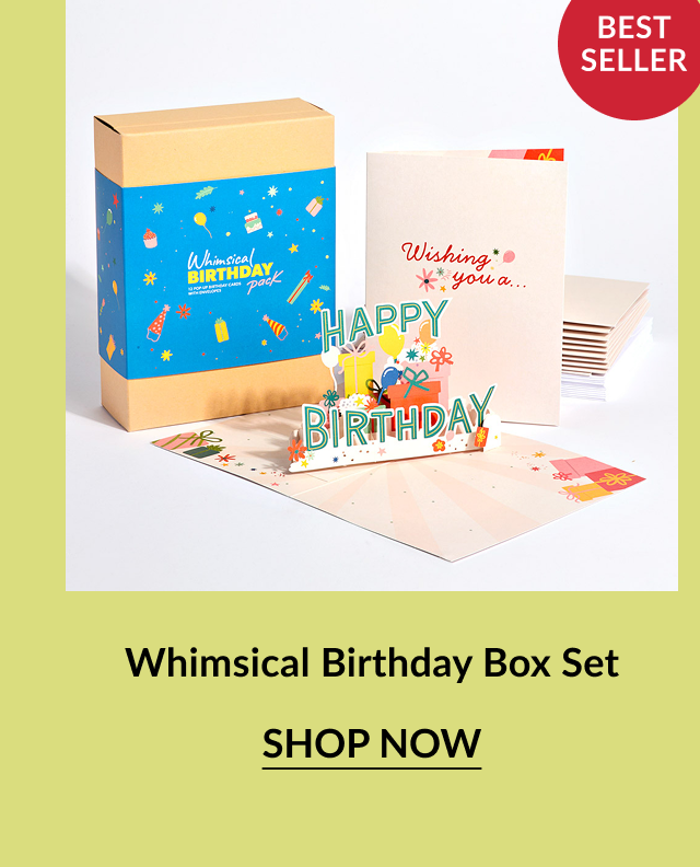 Best-selling birthday card pack with a 3D “HAPPY BIRTHDAY” pop-up card featuring presents and confetti. Kraft box is labeled ''Whimsical Birthday Pack'' with a festive blue wrap.