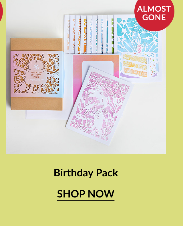 A nearly sold-out assorted birthday card pack with laser-cut pastel designs. Includes a kraft box and variety of intricate birthday cards in different colors and styles.