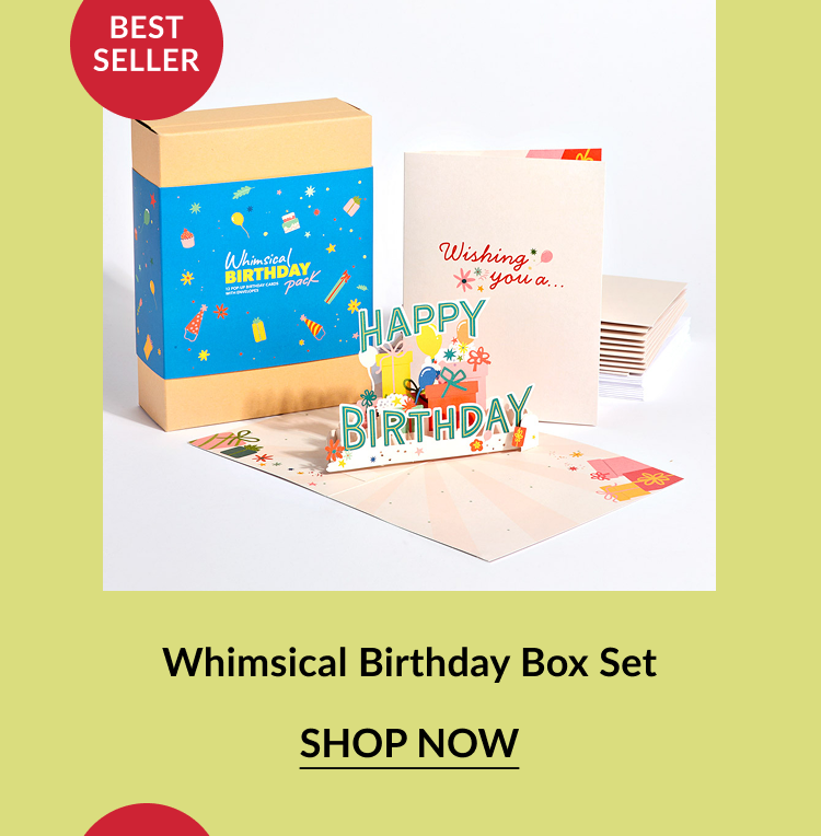 Best-selling birthday card pack with a 3D “HAPPY BIRTHDAY” pop-up card featuring presents and confetti. Kraft box is labeled ''Whimsical Birthday Pack'' with a festive blue wrap.