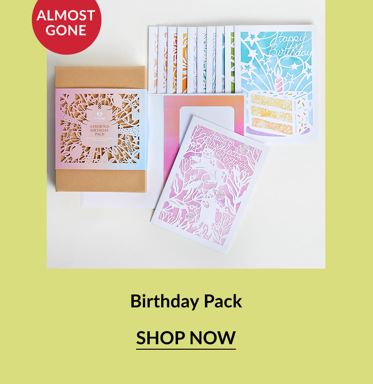 A nearly sold-out assorted birthday card pack with laser-cut pastel designs. Includes a kraft box and variety of intricate birthday cards in different colors and styles.