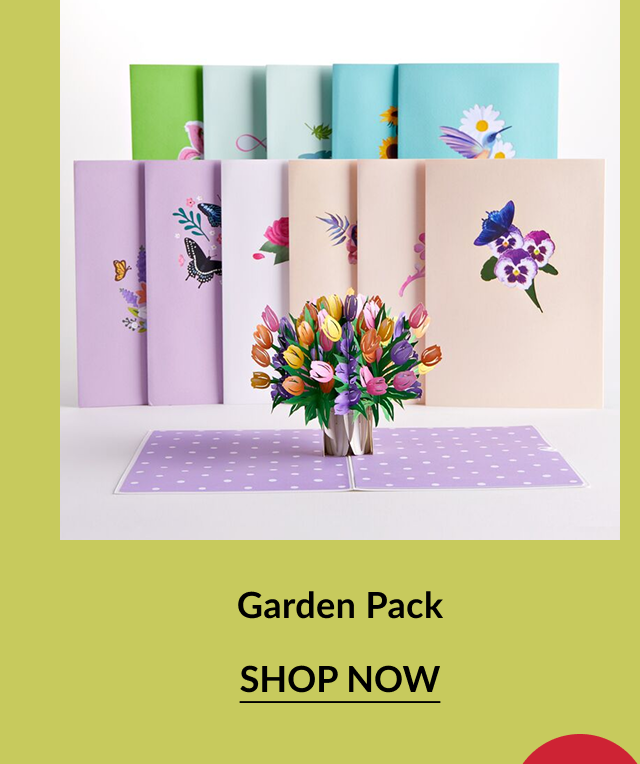 Garden Pack – A collection of pastel-colored greeting cards with floral and butterfly designs, displayed behind a pop-up bouquet of tulips.