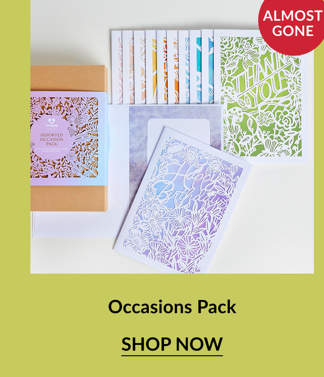 Occasions Pack – A pastel-toned assortment of intricately cut cards for birthdays and thank-yous, with envelopes and a kraft box.