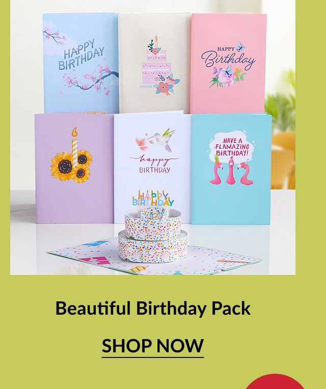 Beautiful Birthday Pack – A variety of colorful birthday cards, featuring cakes, candles, flamingos, and floral motifs, with a pop-up confetti cake card in front.