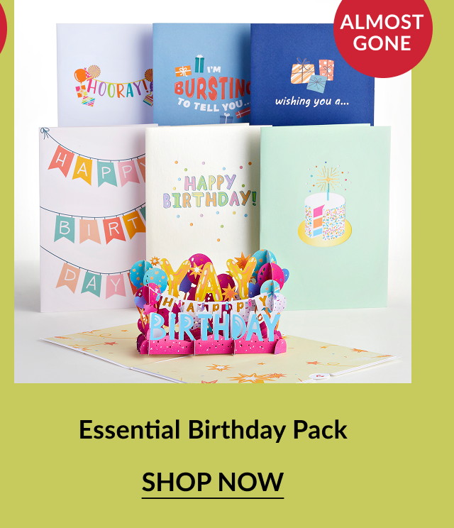 Essential Birthday Pack – A colorful set of birthday cards with festive typography and designs, featuring a vibrant pop-up ''Happy Birthday'' card in the center.