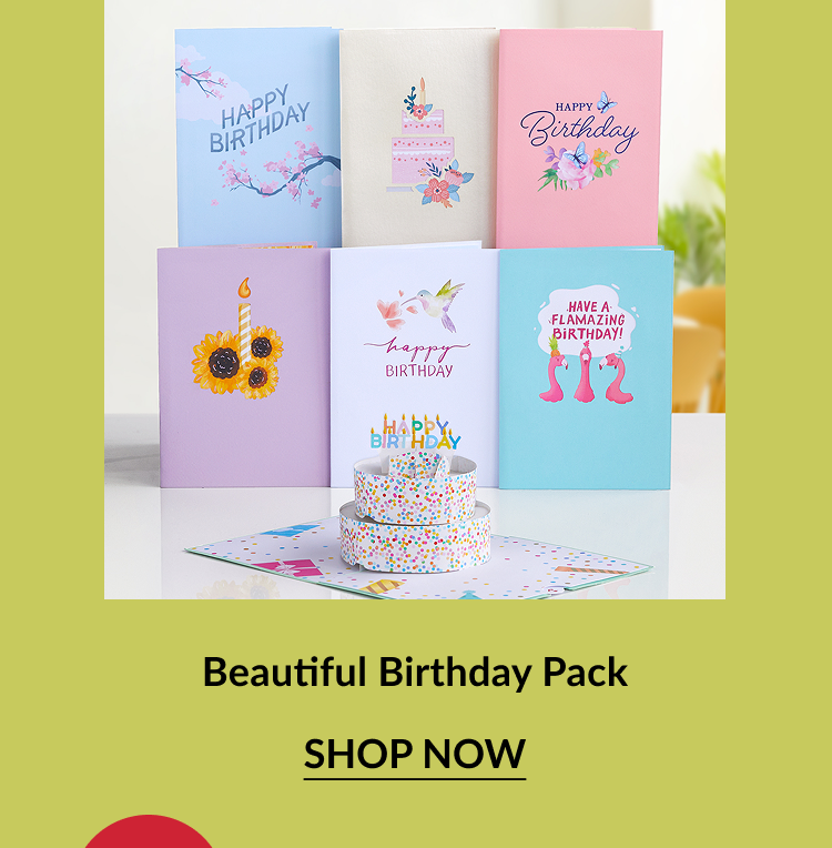 Beautiful Birthday Pack – A variety of colorful birthday cards, featuring cakes, candles, flamingos, and floral motifs, with a pop-up confetti cake card in front.