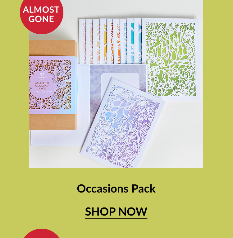 Occasions Pack – A pastel-toned assortment of intricately cut cards for birthdays and thank-yous, with envelopes and a kraft box.