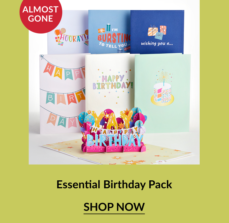 Essential Birthday Pack – A colorful set of birthday cards with festive typography and designs, featuring a vibrant pop-up ''Happy Birthday'' card in the center.