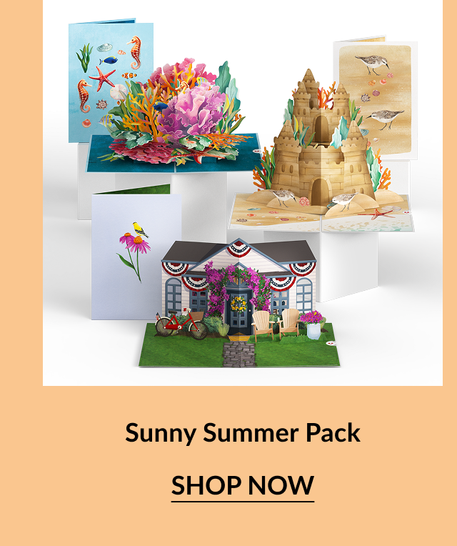 Sunny Summer Pack – A collection of summer-themed pop-up cards including a coral reef, sandcastle, birds, and a patriotic house scene.