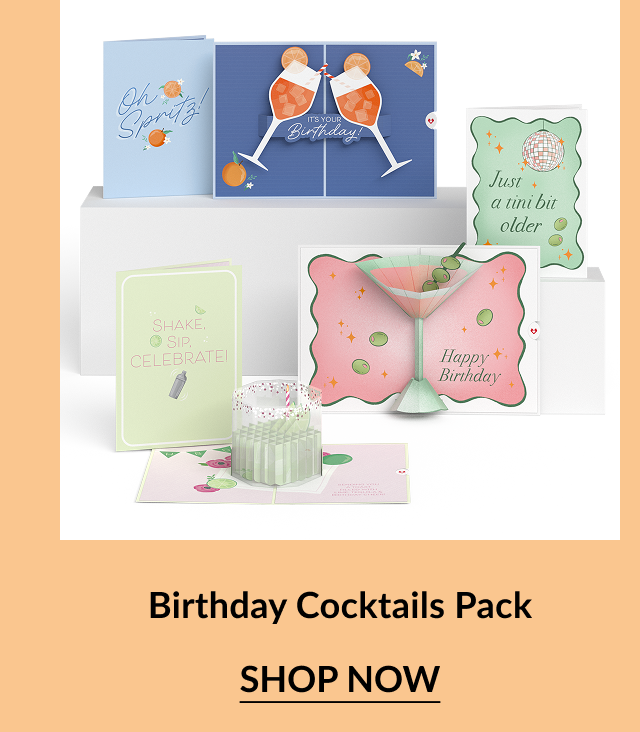Birthday Cocktails Pack – Birthday cards with cocktail-themed illustrations, featuring martinis, spritzes, and a pop-up glass card.