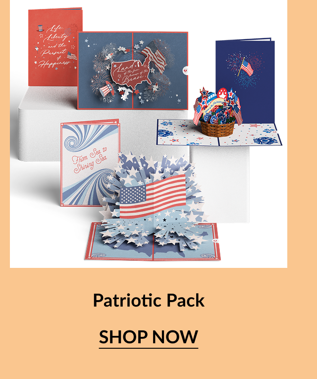 Patriotic Pack – A set of red, white, and blue cards featuring American flags, fireworks, and celebratory Independence Day designs.