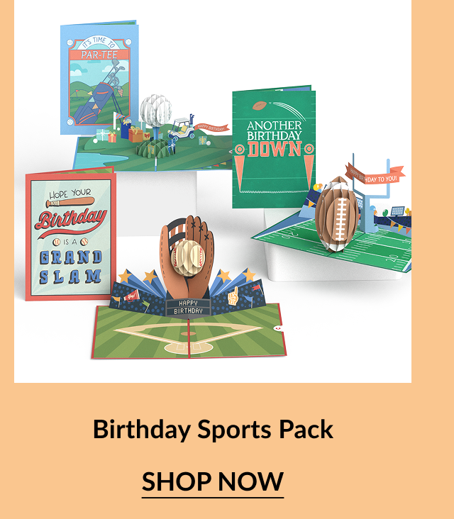 Birthday Sports Pack – A sports-themed birthday pack with pop-up baseball, football, and golf scenes, including messages like “Grand Slam” and “Par-Tee.”