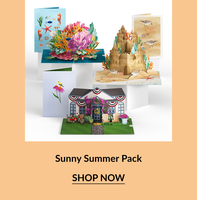 Sunny Summer Pack – A collection of summer-themed pop-up cards including a coral reef, sandcastle, birds, and a patriotic house scene.