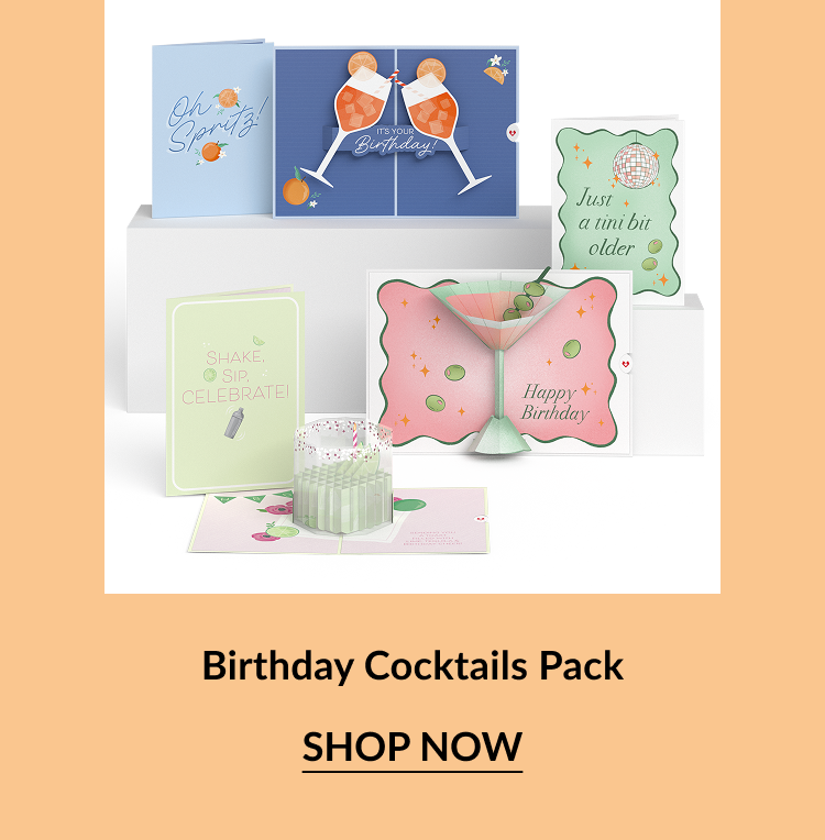 Birthday Cocktails Pack – Birthday cards with cocktail-themed illustrations, featuring martinis, spritzes, and a pop-up glass card.