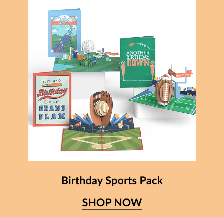 Birthday Sports Pack – A sports-themed birthday pack with pop-up baseball, football, and golf scenes, including messages like “Grand Slam” and “Par-Tee.”
