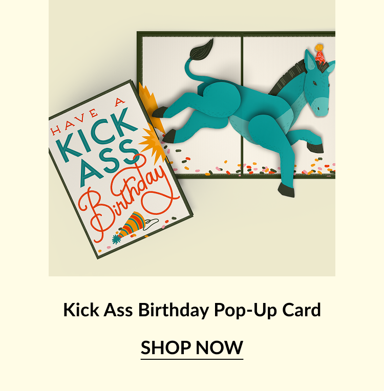 Kick Ass Birthday pop-up card with a teal donkey jumping out.