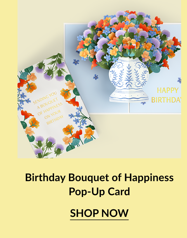 Birthday Bouquet of Happiness pop-up card with a vase of colorful flowers.