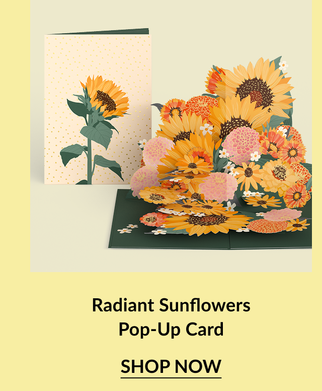 Radiant Sunflowers pop-up card with a large bouquet of sunflowers.