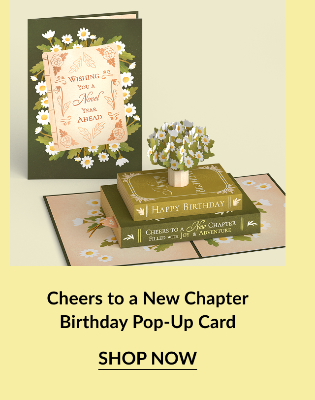 Cheers to a New Chapter birthday pop-up card with stacked books and a small flower arrangement.