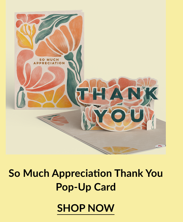 So Much Appreciation Thank You pop-up card with flowers and bold ''Thank You'' text.