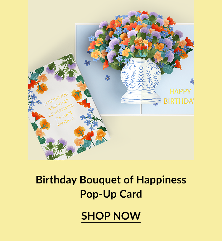 Birthday Bouquet of Happiness pop-up card with a vase of colorful flowers.
