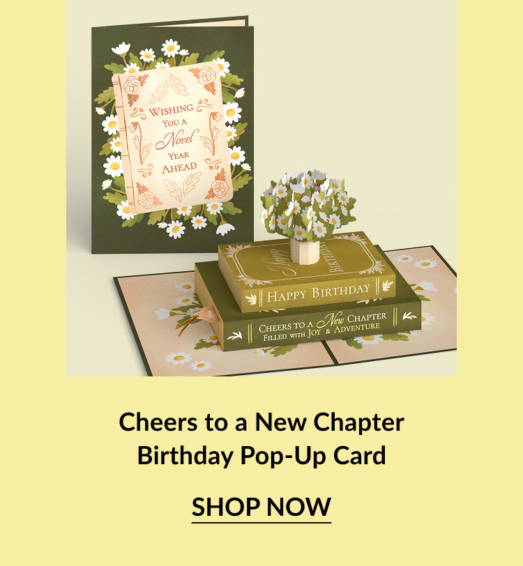 Cheers to a New Chapter birthday pop-up card with stacked books and a small flower arrangement.