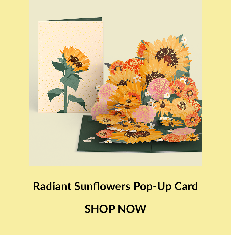 Radiant Sunflowers pop-up card with a large bouquet of sunflowers.