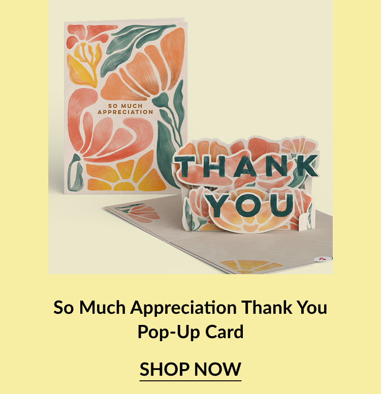 So Much Appreciation Thank You pop-up card with flowers and bold ''Thank You'' text.