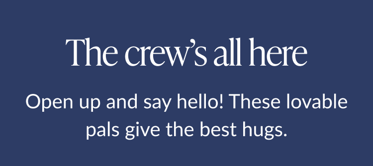 Navy background with text ''The crew's all here. Open up and say hello! These lovable pals give the best hugs.''