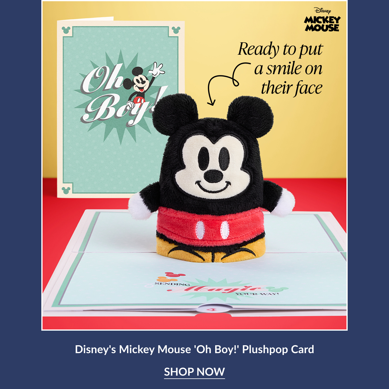 Mickey Mouse Plushpop card with green card that says ''Oh Boy!'' and Mickey Plushpop popping up from the card.