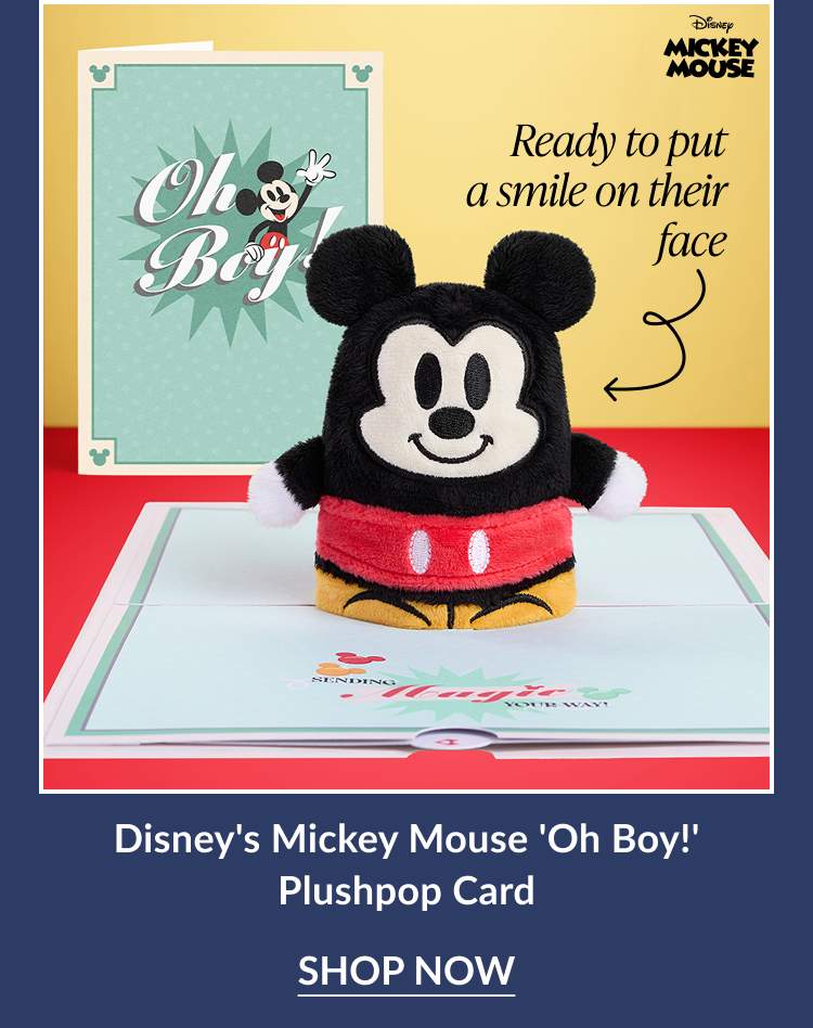 Mickey Mouse Plushpop card with green card that says ''Oh Boy!'' and Mickey Plushpop popping up from the card.