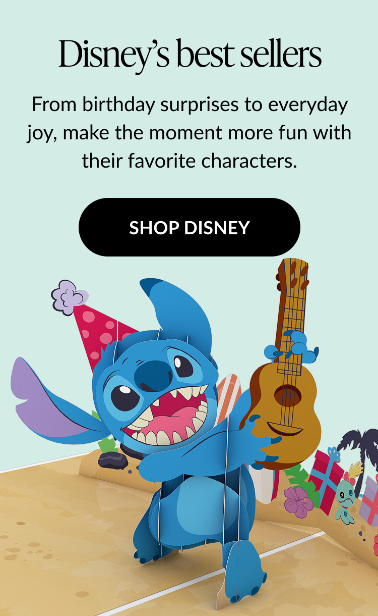 Disney's best sellers promotion with Stitch holding a guitar and wearing a party hat. Text reads ''Disney's best sellers. From birthday surprises to everyday joy, make the moment more fun with their favorite characters.''