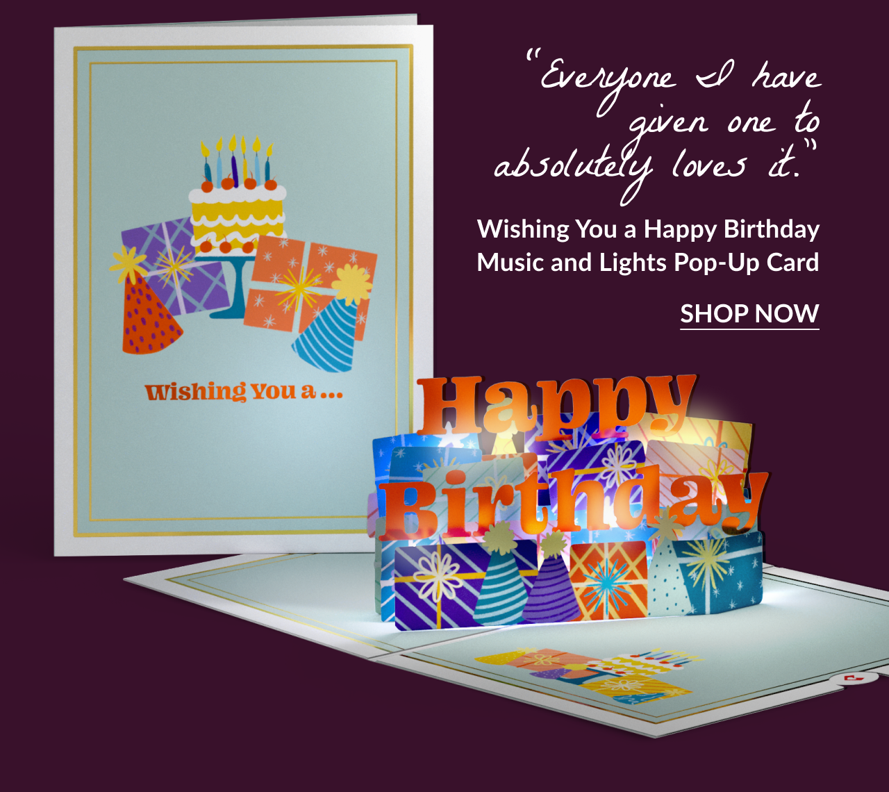 Happy Birthday Music and Lights pop-up card with text 