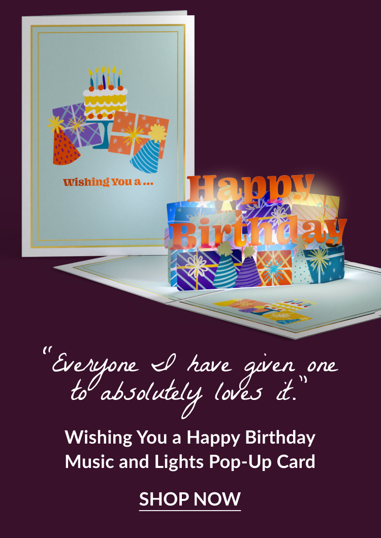 Happy Birthday Music and Lights pop-up card with text 