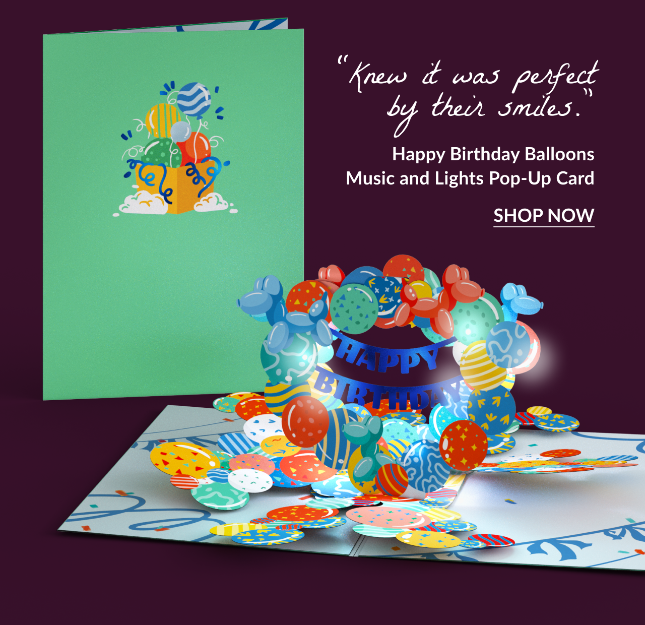 Happy Birthday Balloons Music and Lights pop-up card with colorful balloons and glowing lights.