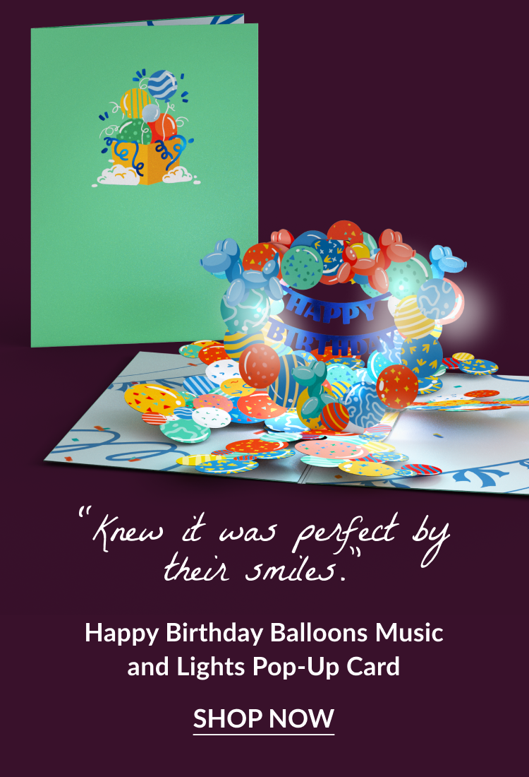 Happy Birthday Balloons Music and Lights pop-up card with colorful balloons and glowing lights.