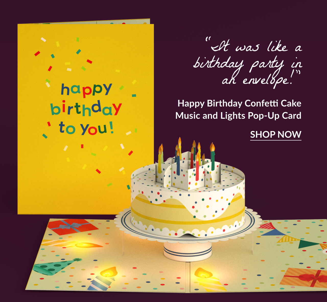 Confetti Cake Music and Lights pop-up card with lit candles and yellow card that says 