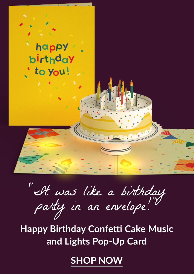 Confetti Cake Music and Lights pop-up card with lit candles and yellow card that says 