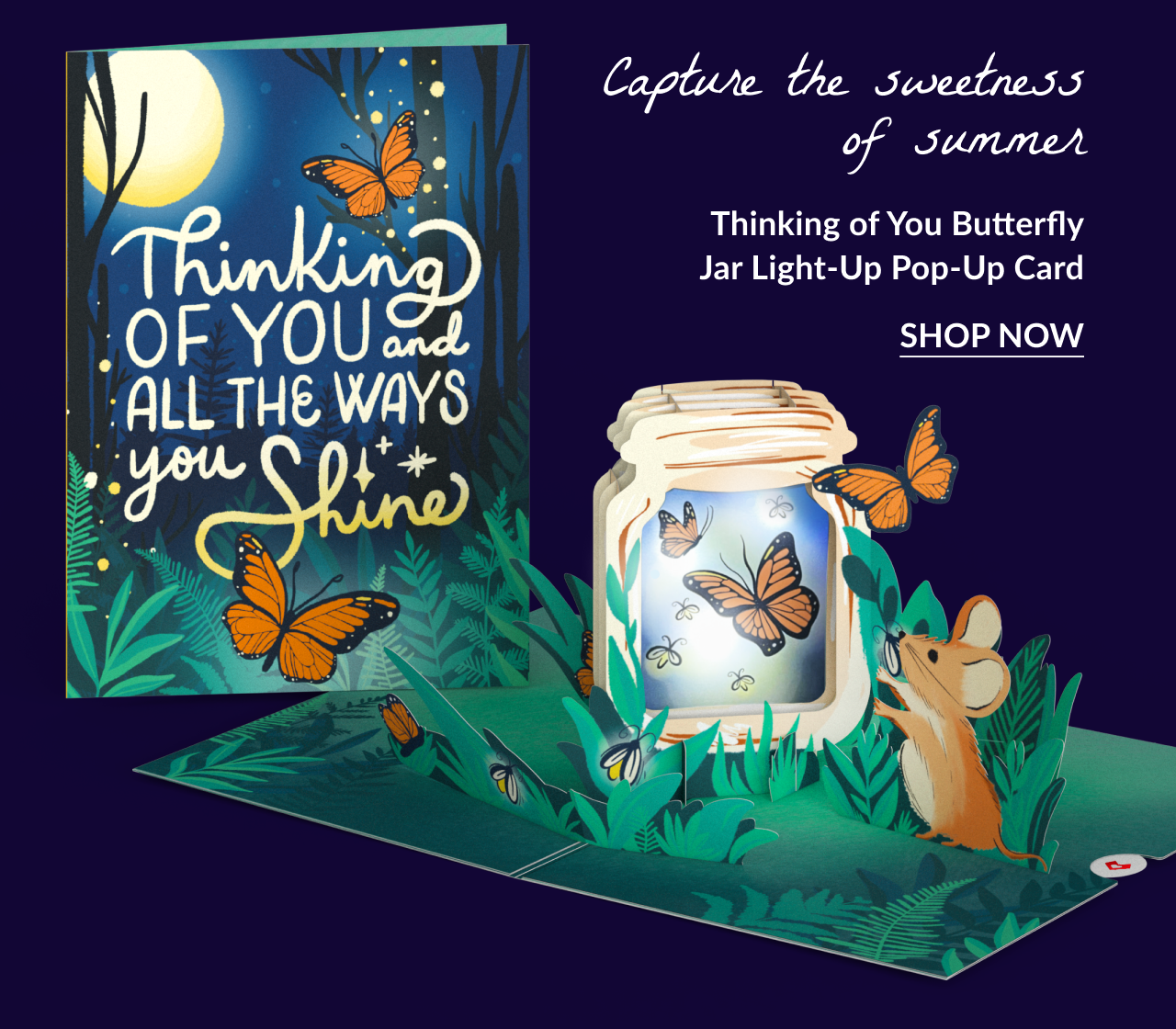 Thinking of You Butterfly Jar Light-Up pop-up card with glowing butterflies and text 