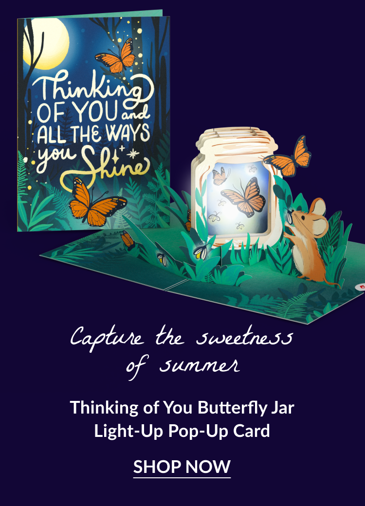 Thinking of You Butterfly Jar Light-Up pop-up card with glowing butterflies and text 
