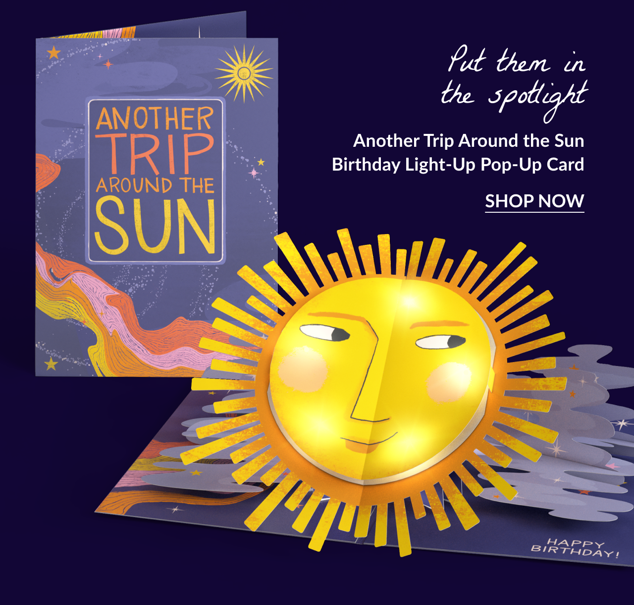 Another Trip Around the Sun Light-Up pop-up card with glowing sun and card that says 