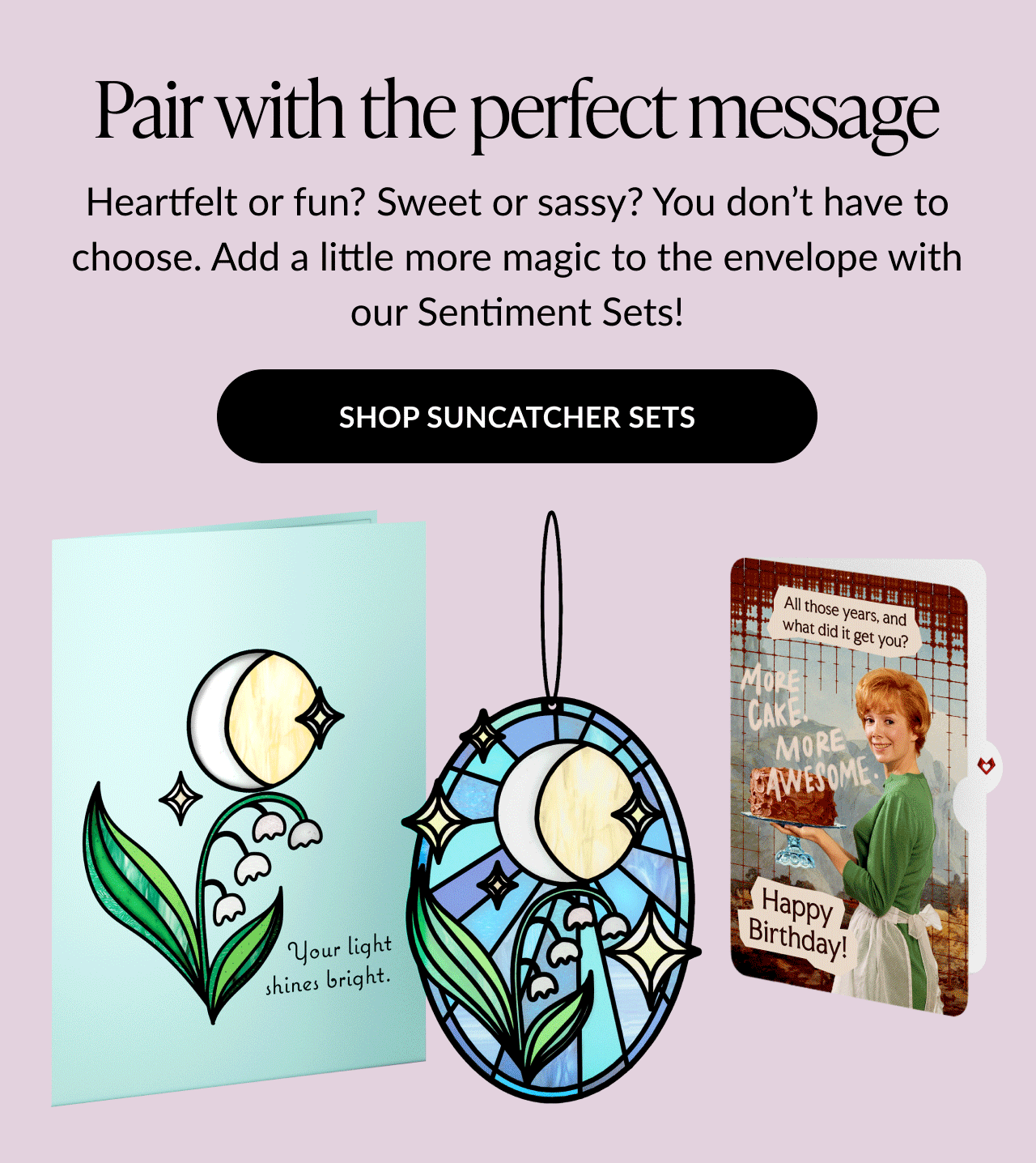 Suncatcher Sentiment Sets promo with floral moon suncatcher and two cards.