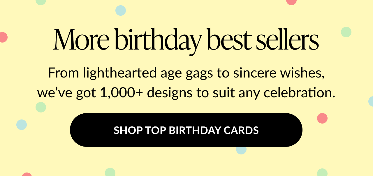 More birthday best sellers promo on yellow background with colorful dots. Text reads: 