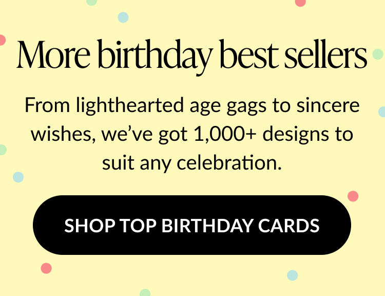 More birthday best sellers promo on yellow background with colorful dots. Text reads: 
