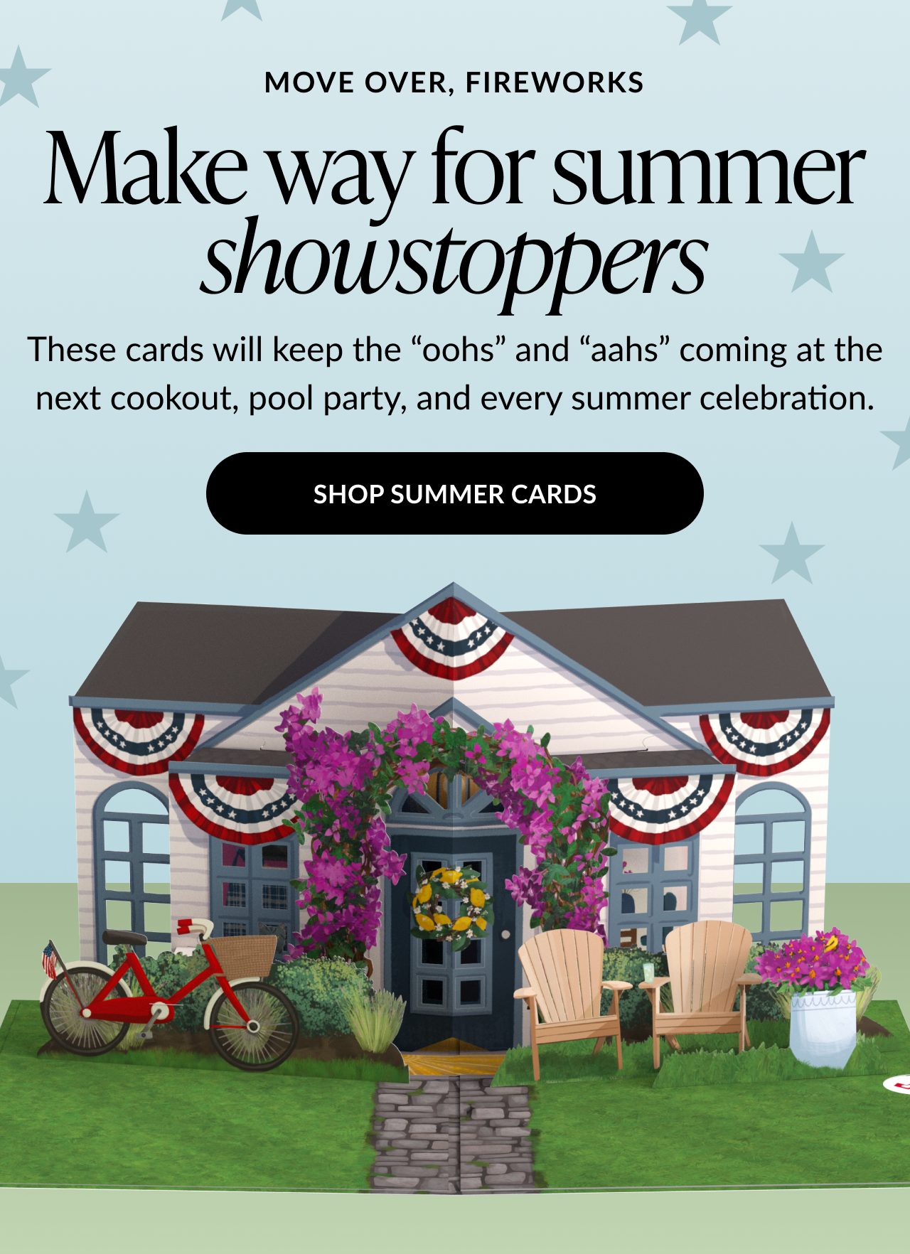 Birthday Suncatchers Promo with fruit-themed suncatcher cards displayed among lemons, peaches, and strawberries. Text reads: 