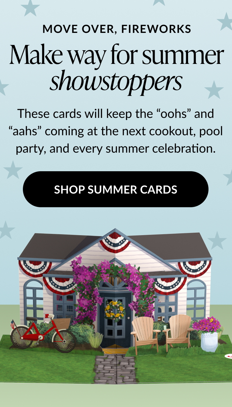 Summer card promotion featuring a patriotic house pop-up card decorated with red, white, and blue bunting. Text reads: 