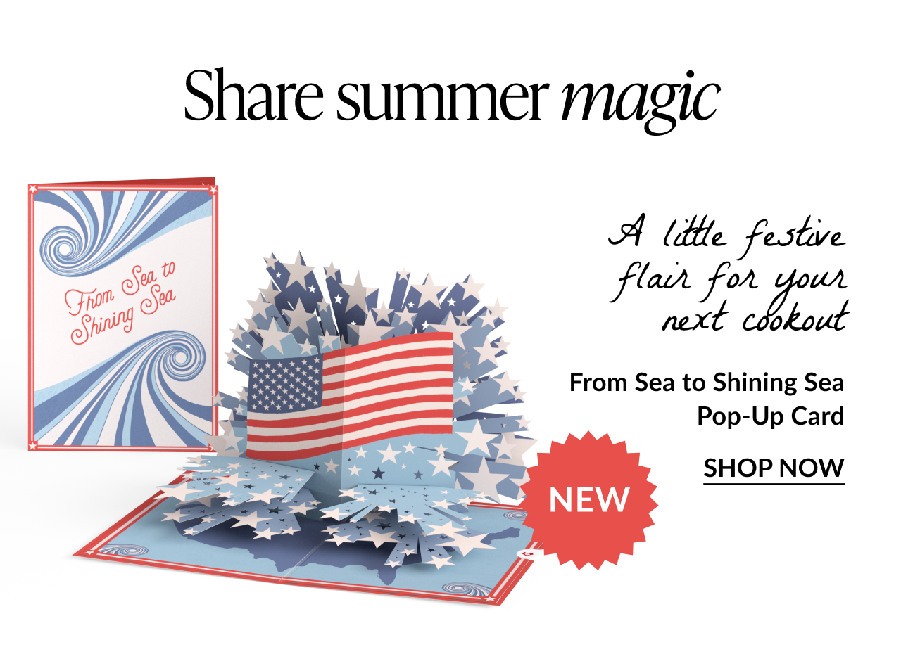 From Sea to Shining Sea Pop-Up Card with American flag and starburst design. Text reads: 